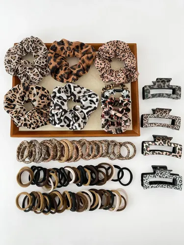 124 Pinzas Y Ligas De Pelo Con Estampado De Leopardo Para Mu