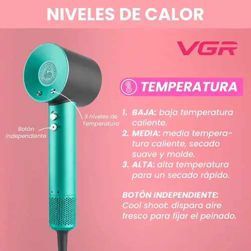 Secador Profesional VGR V-440 1400W BLDC Iónico Con Difusor Verde
