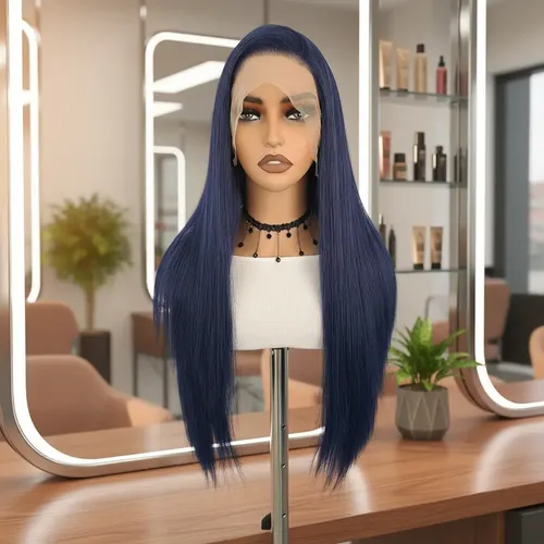 Peluca Lace Front Adiolacba Premium Símil Natural 70 Cm Tamaño De La Base Regulable Tono Azul Oscuro