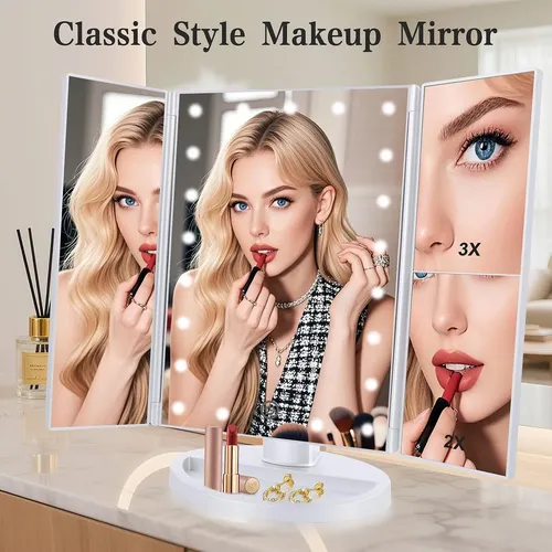 Espejo Para Maquillaje Triptico Con Aumento Y Luz Led Blanco