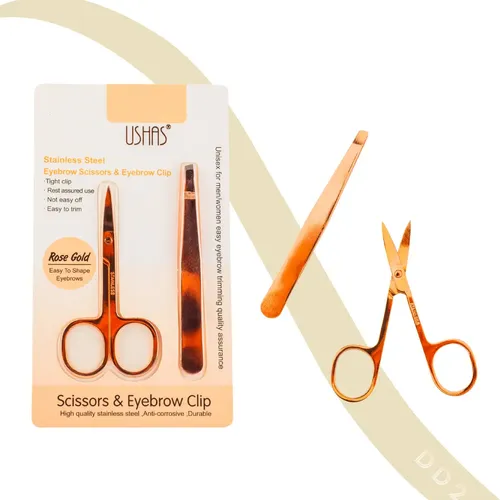 Set Depilacion Pincita + Tijera Para Cejas De Acero Ushas Color Rose Gold