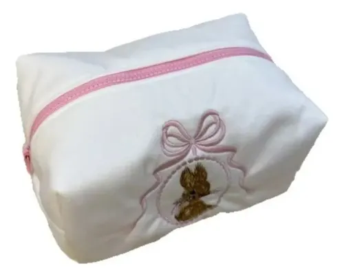 Bolsa De Cosméticos Grande Con Cierre Rosa Bordado Con Diseñ Rosa Embroidered Bunny Motif