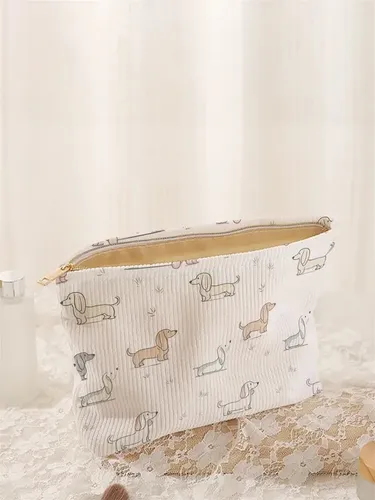 Bolsa De Maquillaje De Pana Con Estampado De Dibujos Animado Dog Cartoon Dog Pattern