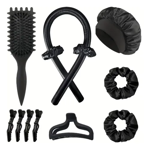 Cepillo De Rulo + Gorro De Dormir + Tubo Para Cabello Negro