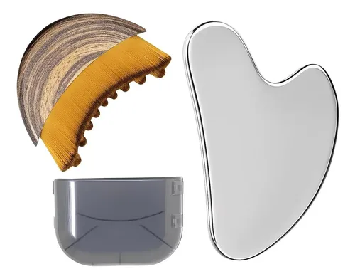 Set Gua Sha Y Cepillo Facial Metalizado Para Masaje