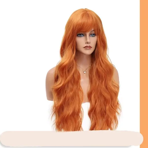 Q Peluca Naranja Larga Ondulada Con Flequillo