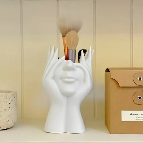 Organizador Porta Brochas De Maquillaje Diseño Manos Rostro Blanco