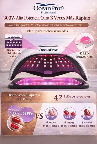 Cabina De Uñas 300w Ocean Prof Uv/led Luz Roja Piel Sensible Color Rojo Para Pieles Sensibles