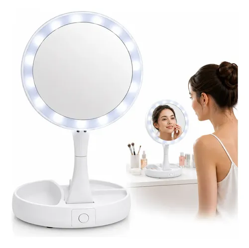 Espejo Maquillaje Doble Aumento X10 Luz Led Portátil