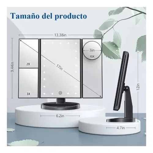 Espejo Maquillaje Luz Tríptica Aumento 3x/2x/10x Buen