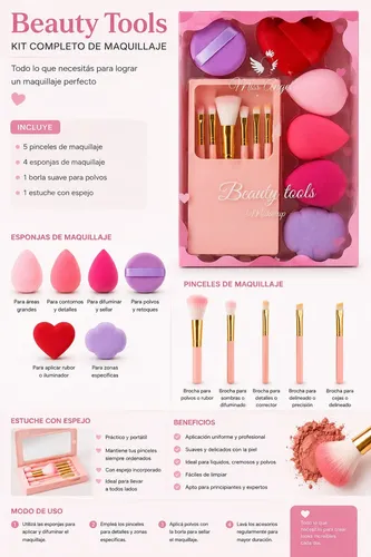 Set De Esponjas Y Brochas Estuche Y Espejo Makeup Lefemme