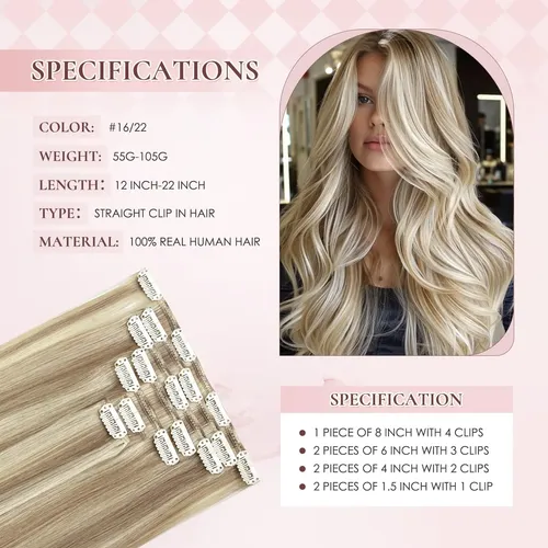 Extensiones De Cabello Humano Real 55cm 7pcs 105g #16p22
