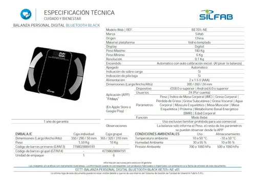 Balanza Digital Multifunción Bluetooth Silfab Be701i-ne