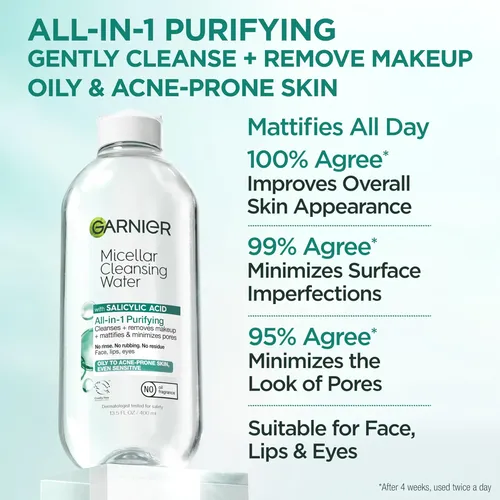 Garnier Agua Micelar Con Ácido Salicílico, Limpiador Facial