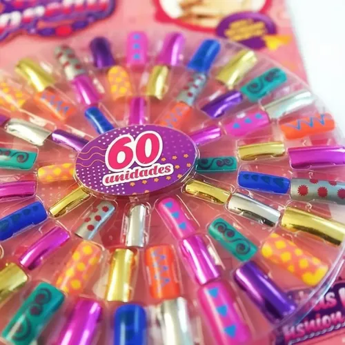 Kit De Uñas Postiza X 60 Para Niñas Infantil Mundo Pre D3455