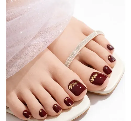Tiras De Uñas Gel Para Pies Autoadhesivas 22u – No Necesita Lampara UV – Bordó Con Brillos Dorados