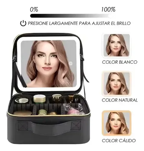 Maletín Neceser Con Luz Led Maquillaje Organizador Espejo Negro