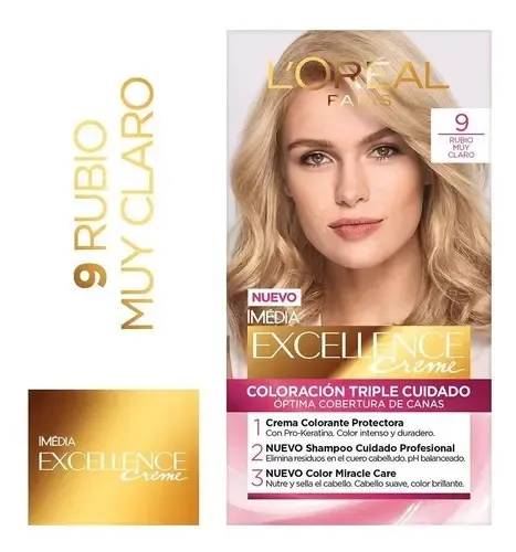 Tintura L’Oréal Excellence 9 Rubio Muy Claro sin Amoníaco, con Cobertura de Canas