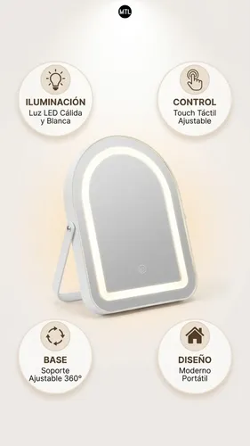 Espejo Maquillaje Led Mtl Luz Touch Ajustable Diseño Moderno