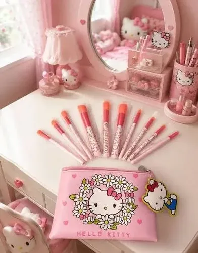 Set 10 Brochas Maquillaje Hello Kitty Con Neceser Rosa