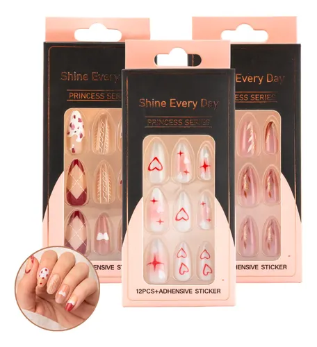 Uñas Postizas Press On Almendra C/sticker Pegamento Nail Art