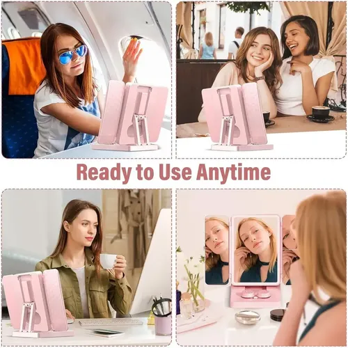 Espejo P/ Maquillaje C/ Porta Lentillas Led 3 Modos Usb Recargable Luz Ajustable Tocador Cosmética Portátil Diseño Moderno