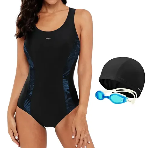 Combo Malla Natacion Mujer + Antiparras + Gorro Tela Safit