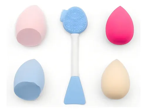 Set Esponjas Cepillo Espatula Limpiador Silicona Maquillaje Color Celeste Tamaño de la esponja Mediana