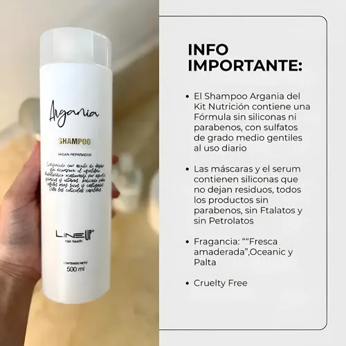 Shampoo a base Argán, Nutrición total para cabellos resecos, restaura el equilibrio natural y sella cutículas, producto profesional de Salon de Belleza x 500Mls ARGANIA de LineUp
