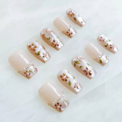 [glors] Uñas Postizas Press On Nude Rosa Con Foil Oro Rosa