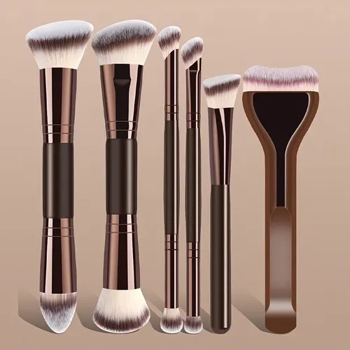 Set 6 Brochas Maquillaje Doble Punta Para Base Marrón