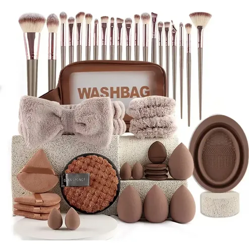 42 Pcs Brochas Maquillaje Profesional Esponjas Necese Marrón