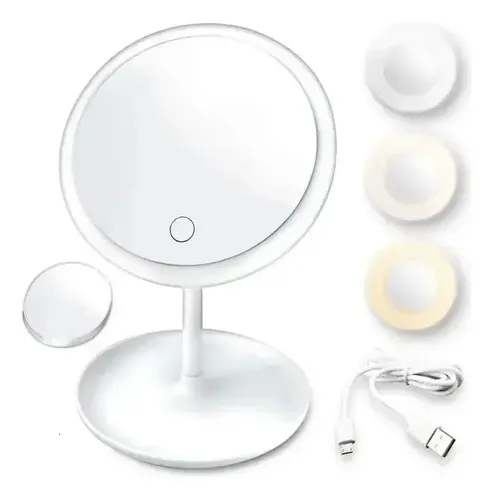 Espejo Maquillaje Portatil Touch Aro Luz Led Moderno Usb