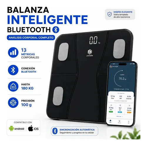 Balanza Personal De Baño Jd If2064a Inteligente Bluetooth Digital Hasta 180kg Bioimpedancia Masa Muscular Grasa Corporal Vidrio Color Negro