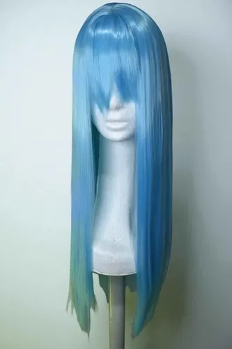 Peluca Celeste Larga 70cm Con Flequillo Línea Al Medio