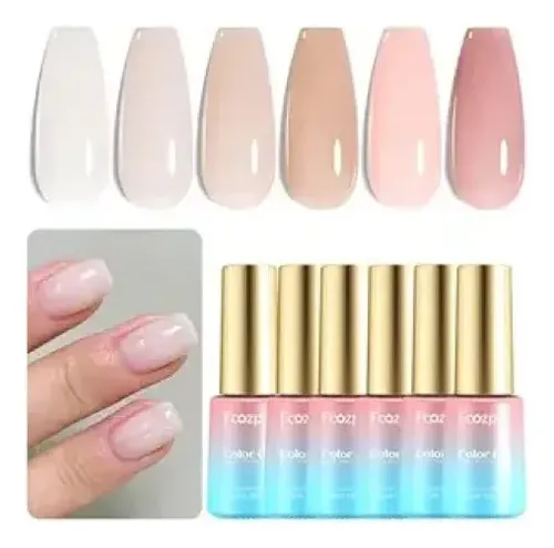 Set Esmaltes Gel 6 Colores Nude Brillo Base Y Top Coat
