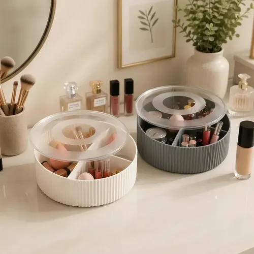 Organizador Maquillaje 3 Divisiones Diseño Rayado Con Tapa Organización Brochas Labiales Blanco Craco