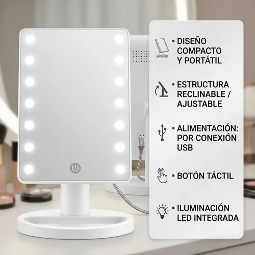 Espejo Luz Led Cálida Portátil Recargable Usb Maquillaje