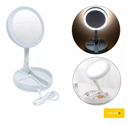 Espejo De Maquillaje Plegable Luz Led Zoom De Doble Cara 10x