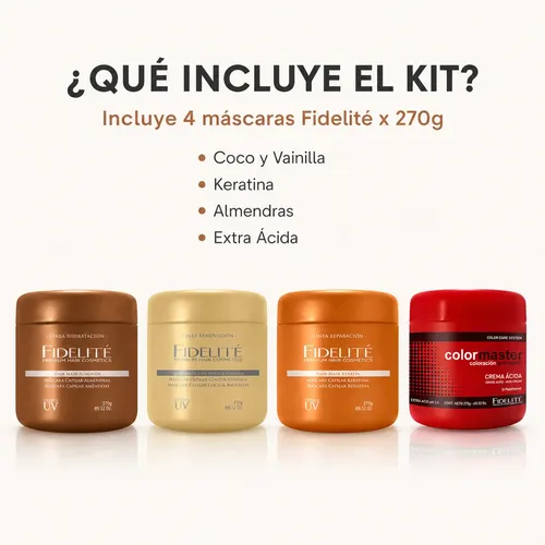 Kit 4 Máscaras Fidelité Coco Keratina Almendra Ácida X270