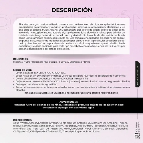 Mascarilla Capilar Kashia Beauty Con Aceite De Argán, 500 Ml