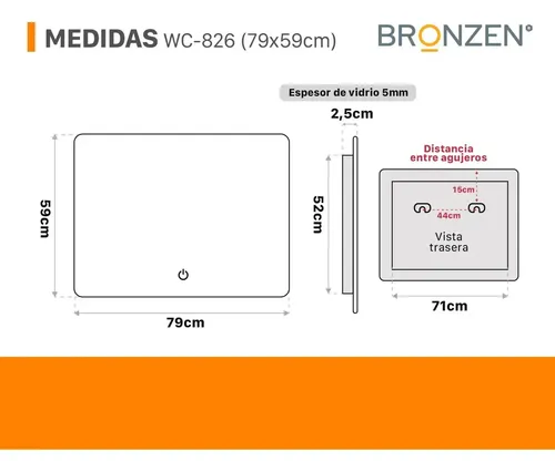 Espejo Horizontal Curvo Con Luz Led Trasera 800x600mm Wc-826