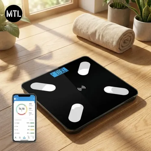 Balanza Digital Baño MTL Bluetooth 180kg Vidrio Templado Sensor Alta Precision Pantalla Lcd Encendido Automatico Diseño Slim Antideslizante Hogar Control Peso Salud Fitness App