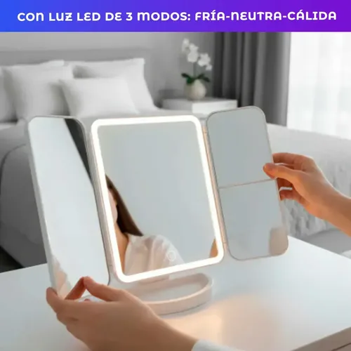 Espejo Triple Con Luz Led Usb Maquillaje Triptico Makeup
