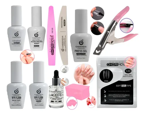 Kit Tips Soft Gel Cherimoya, Press Gel, Ultrabond, Top Coat