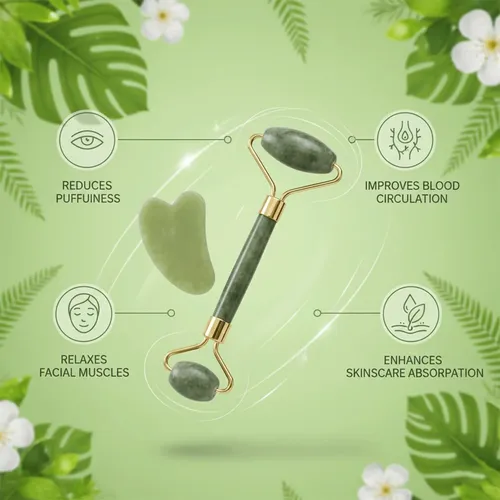 Rodillo Y Gua Sha Jade Verde Para Masaje Facial