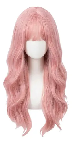 Peluca Larga Rizada For Mujer Con Flequillo Natural, Rosa C