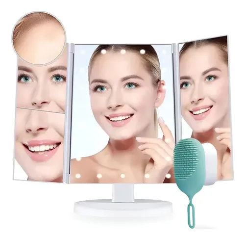Espejo Led Maquillaje Plegable Luz Triptico Pie Tactil Usb Blanco