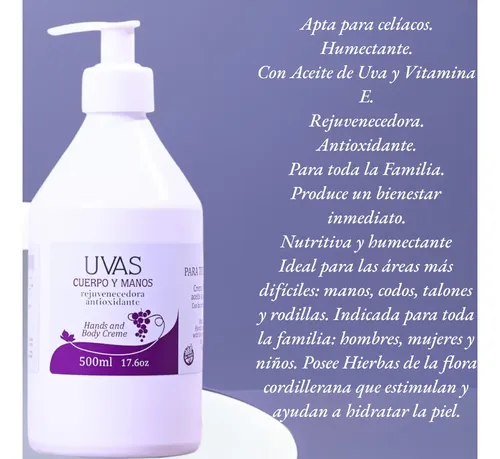 Combo 3 Cremas Cuerpo Y Manos Por 500ml Uvas Cosmet. S/tacc