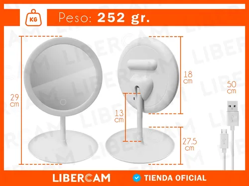 Espejo Doble Aumento 360° Luz Led  Maquillaje Carga Usb